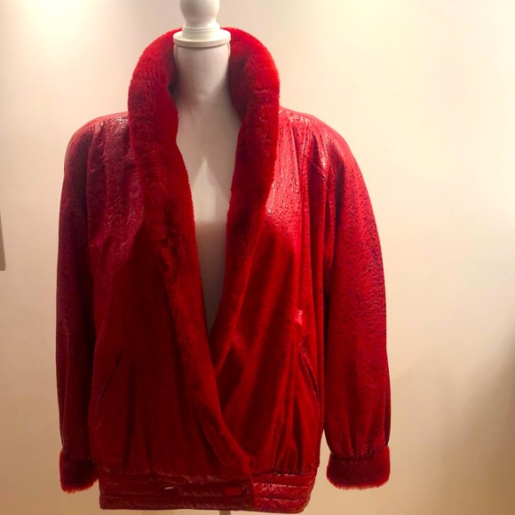 RED LEATHER Jacket lined with Red Rabbit Fur and Red Shearling Color - Picture 1 of 14